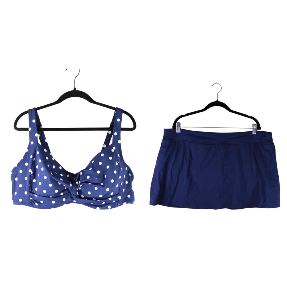 Land's End Navy Blue Polka Dot Twist Front Underwire Bikini Top Swim Skirt Set